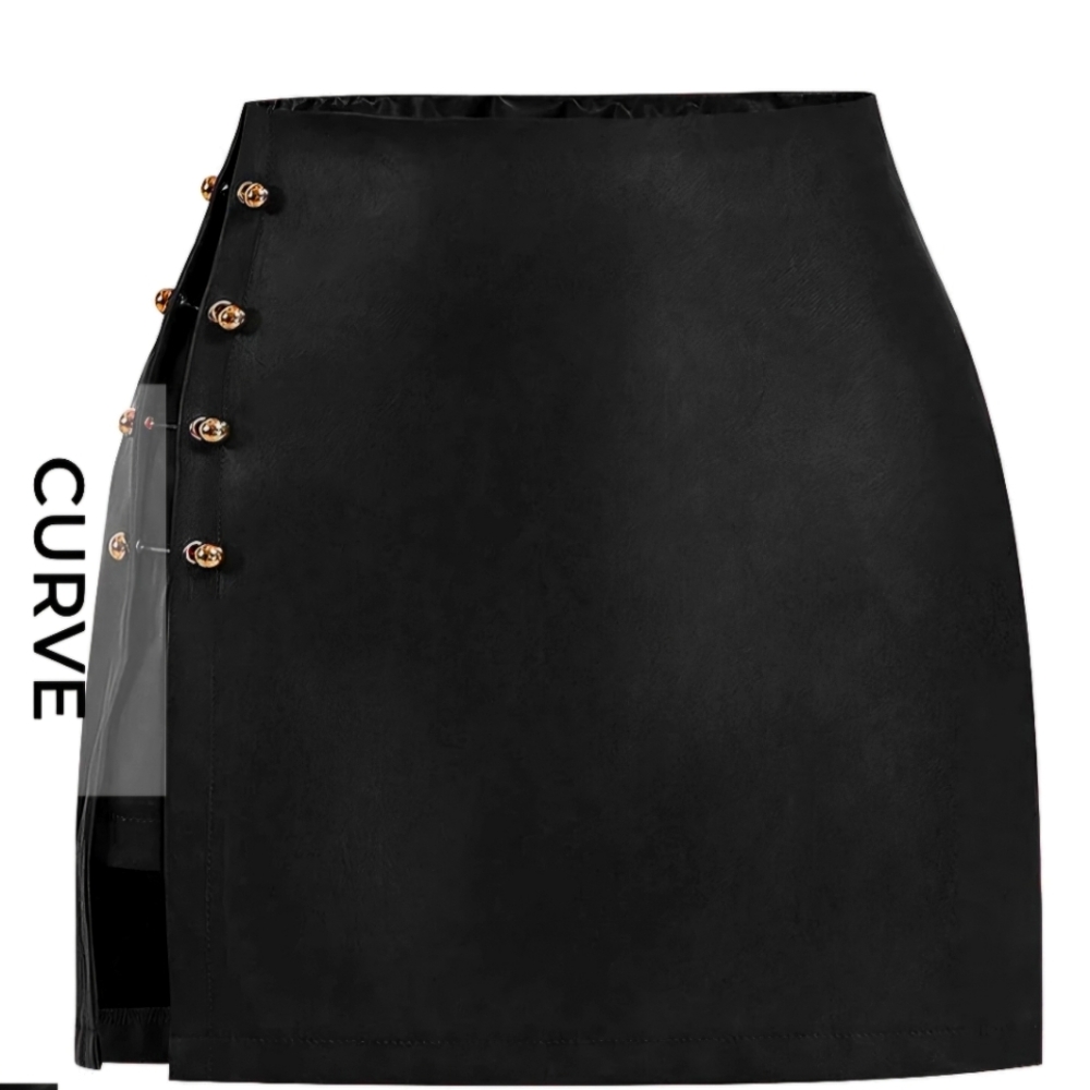Black Button-Detail Women's Faux Leather Skirt